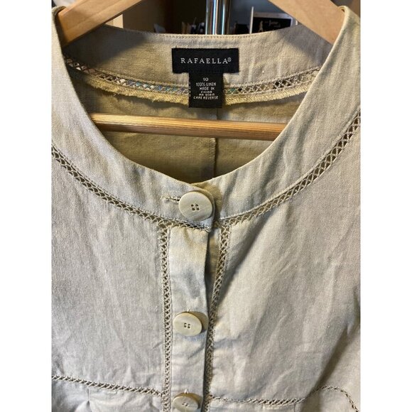 Rafaella Tan Linen Round Neck Buttoned Long Sleeve Peplum Top Sz 10 - Picture 6 of 8